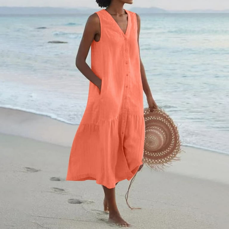 JURANMO Clothing Clearance Linen Long Dresses for Women Casul Sleeveless V Neck Tank Dress Trendy Button Down Tunic Maxi Dress Flowy Solid Going Out Work Beach Sundress Walmart