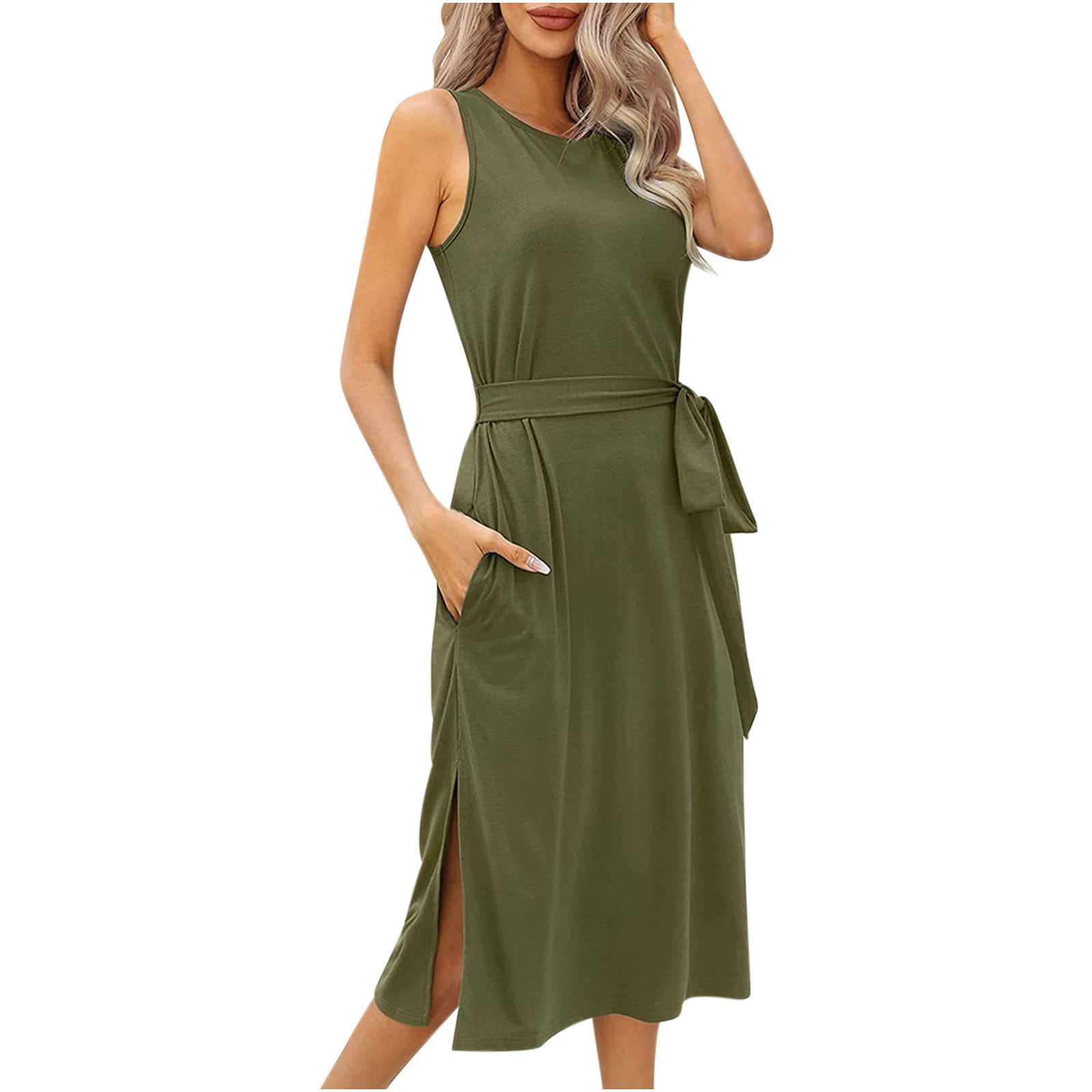 Simple Solid Sleeveless Hem Split Cotton Maxi Dress Simple Solid Sleeveless Hem Split Cotton Maxi Dress