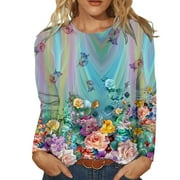 JURANMO Clothing Clearance Petite Tops for Women 3/4 Sleeve Tunic Shirts Baisc Crew Neck Floral Print T-Shirt Blouse