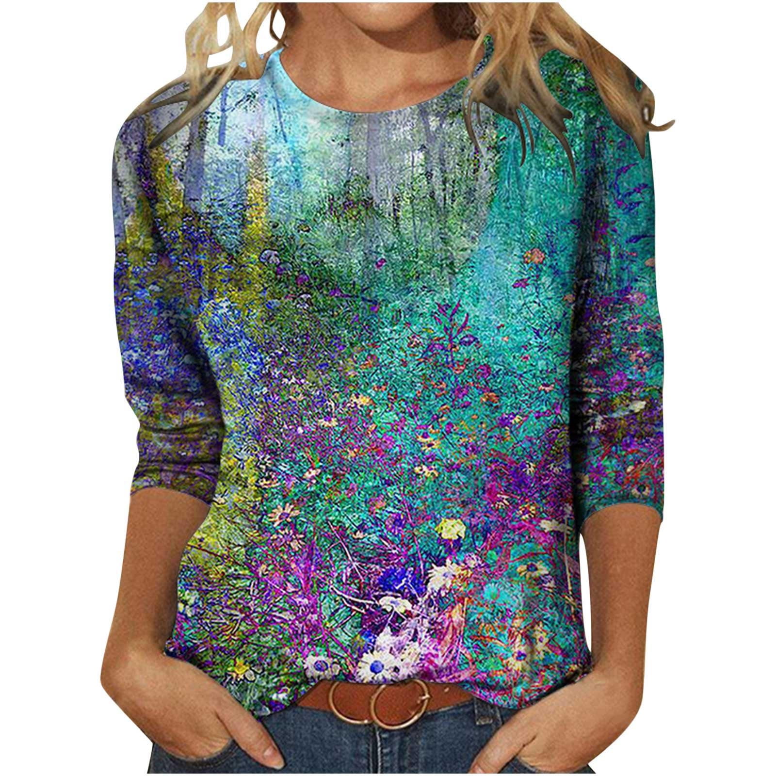 JURANMO Clothing Clearance Tops for Women 2024 Trendy 3/4 Sleeve Tunic Shirts Cute Floral Print Tee Shirts Blouse