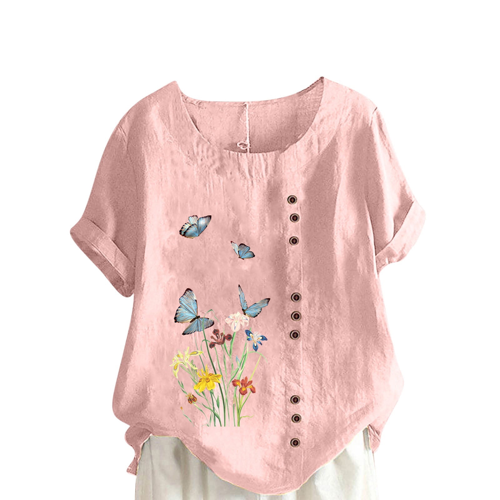 JURANMO Clothing Clearance Women Clearance Tops Butterfly Wildflower Floral Print Loose Fit Plus