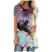 JURANMO Clothing Clearance Women Clearance Tops Casual Tshirts for Ladies Short Sleeve Boat Neck Spandex Marble Print Loose Fit Blouses T Shirts Teen Girls 2024 VZ M