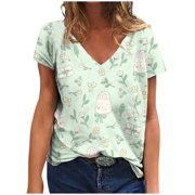 JURANMO Clothing Clearance Women Clearance Tops Floral T Shirts Ladies Sleeve Crewneck Deep V Neck Spandex Easter Egg Kawaii Animal Bunny Tops Tees Teen Girls QC XXL