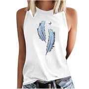 JURANMO Clothing Clearance Women Clearance Tops Teen Girls Sleeveless Blouses Graphic Blouse Vest Boat Neck Spandex Cami Tank Feather Blouses 2024 PS XL