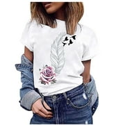 JURANMO Clothing Clearance Women Clearance Tops Valentines Casual Blouse Teen Girls Short Sleeve Crewneck Bird Floral Fashion Blouses Shirts Women IU S