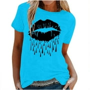 JURANMO Clothing Clearance Women Clearance Tops Womens Short Sleeve Blouses Lips Graphic Relaxed Fit Blouses Tshirts Crewneck Sexy Fall Summer Blouses 6H S