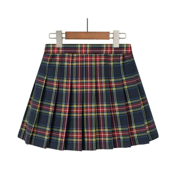 JURANMO Cotton Mini Skirts for Girl Elastic Waisted Plaid Uniform School Skorts Kids Tennis Golf Skort Comfy Casual Skirt with Shorts Navy 13 Years