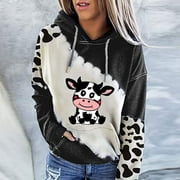 JURANMO Cute Print Crewneck Sweatshirt Women,Oversized Sweatshirt for Women Cows Printed Hoodie Pullover Hooded Sweatshirt for Teengirls Aesthetic Clothes with Pockets 2024 Fall Deals and Clearance