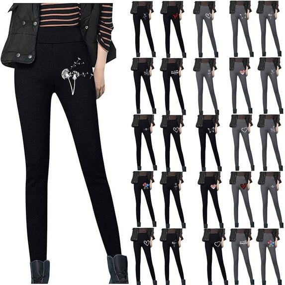 JURANMO Deal Of The Day Womens Dandelion Print Warm Legging Pants Sherpa Fleece Lined Leggings Fall Winter Thick Warm Tights Casual High Waist Lounge Trousers Black M