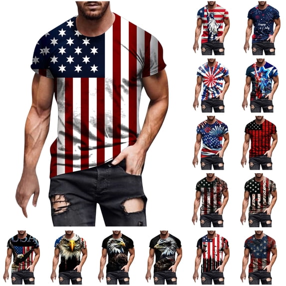 JURANMO Dollar Deals Men's Distressed USA Flag T-Shirt 4th of July Patriotic Graphic Tees Shirts Casual Round Neck Muscle Fit Tops Independence Day Short Sleeve Blouse Multicolor M