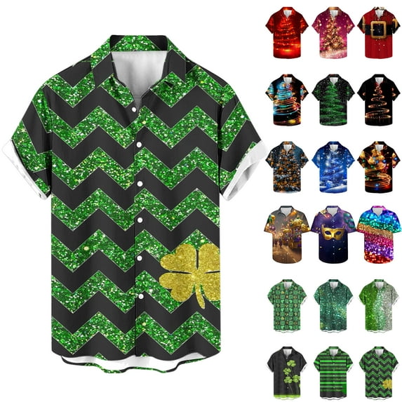 JURANMO Dollar Deals Mens Saint Patricks Day Hawaiian Shirt Funny Clover Graphic Tees Tops Casual Short Sleeve Button Down Bowling Shirts White XL