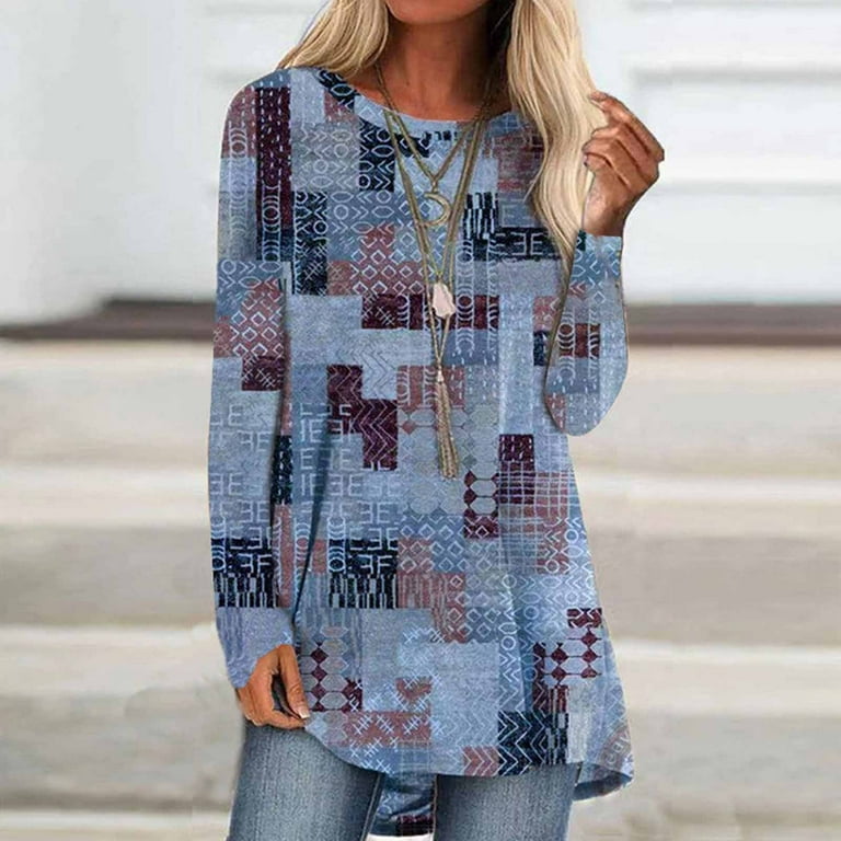 JURANMO Fall Pullover Tunic Tops for Women 2024,Womens Dressy Tunics to Wear  with Leggings Plus Size Long Sleeve Fashion Plaid Printed Sweatshirts  Casual Loose Drapped Flowy Round Neck Blouses Shirts 
