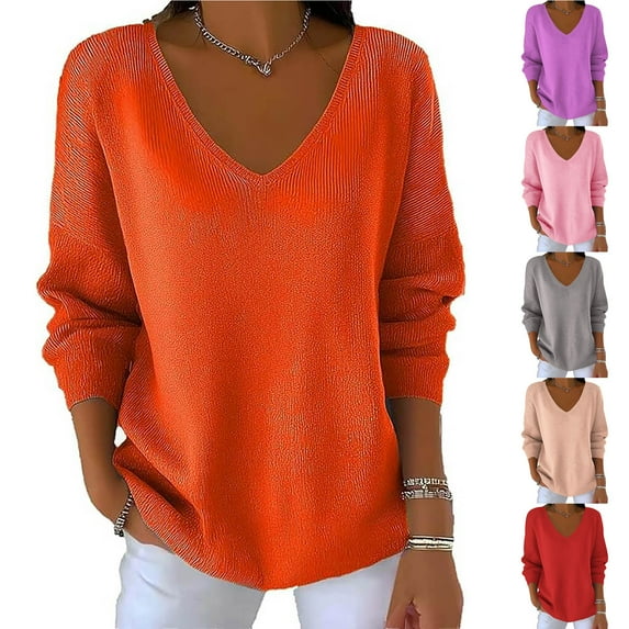 JURANMO Fall Sweaters for Women Drop Shoulder V Neck Long Sleeve Casual Knit Tops Plus Size Solid Fall Pullover Sweater Purple XXXXL