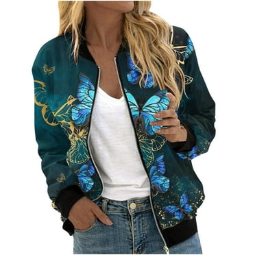 JURANMO Fashion Jackets for Women 2024 Fall Winter Comfy Rib Long Sleeve Bomber Jacket Casual Printed Front Zip Up Lightweight Flight Jackets Outwear Deals of The Day Green L
