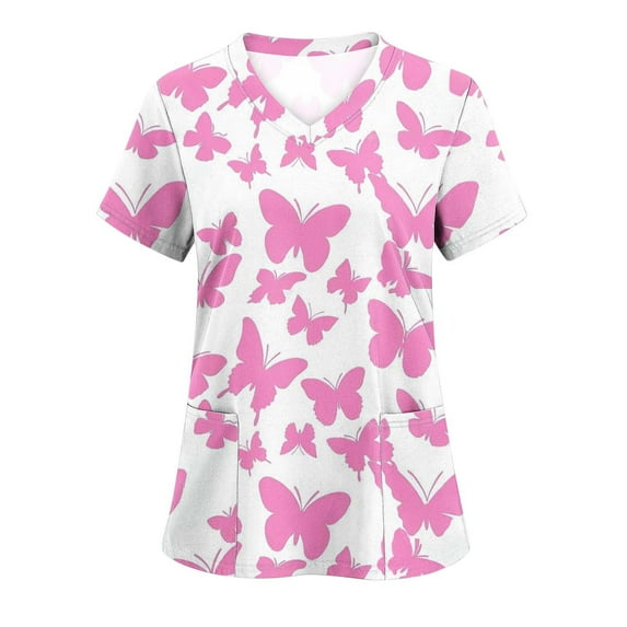 JURANMO Fashion Nurse Uniform Workwear Women's Breast Cancer Inspirational Scrubs Tops V Neck Pink Butterfly Ribbon Print Nursing Scrub Tops with Pockets Lightening Deals Multicolor#2 XL