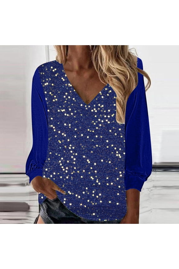 Fashion Tops for Women Shiny Sequin V Neck Long Sleeve Casual Shirts Velvet Loose Fit Dressy Casual Blouse Blue XXL