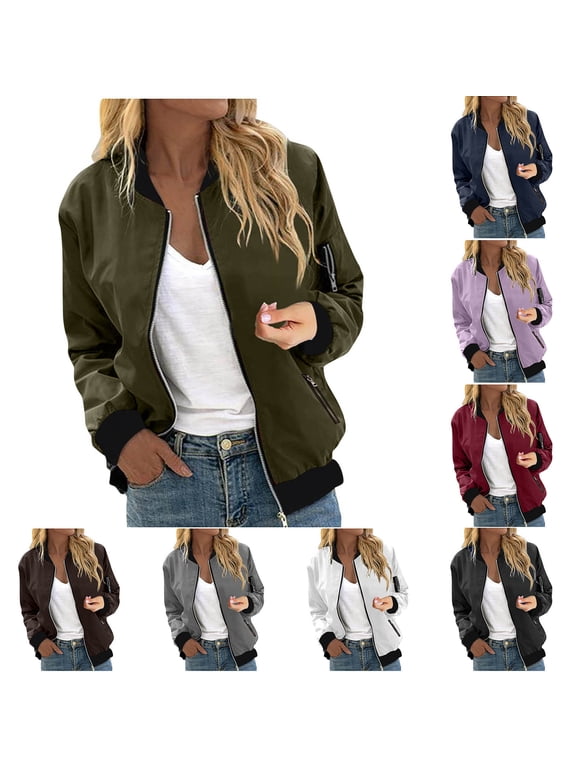 Flight Jackets for Women Solid Color Lightweight Zip Up Bomber Jacket Casual Elastic Ribbed Long Sleeve Fall Outerwear Jackets with Pockets Big Deal Days X-Dark Blue#Solid Color Jackets L