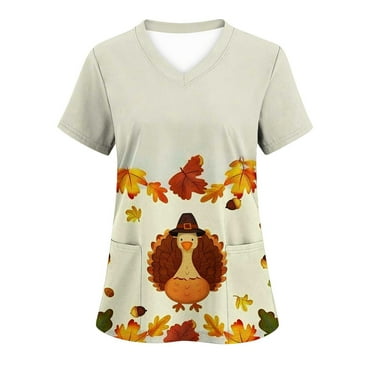 JURANMO Funny Turkey Print Scrubs Tops for Women Thanksgiving Nurse Uniform Workwear Short Sleeve V Neck Medical Scrubs with Pockets Limited Time Deal Multicolor#3 L