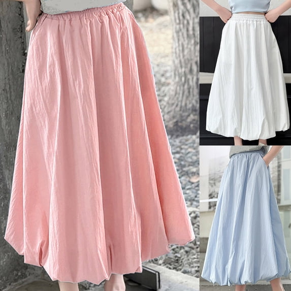 JURANMO Girls Cotton Maxi Skirt Elastic High Waist Lantern Casual Skirt Loose Flowy A Line Skirts Kids Summer Clothes White 170