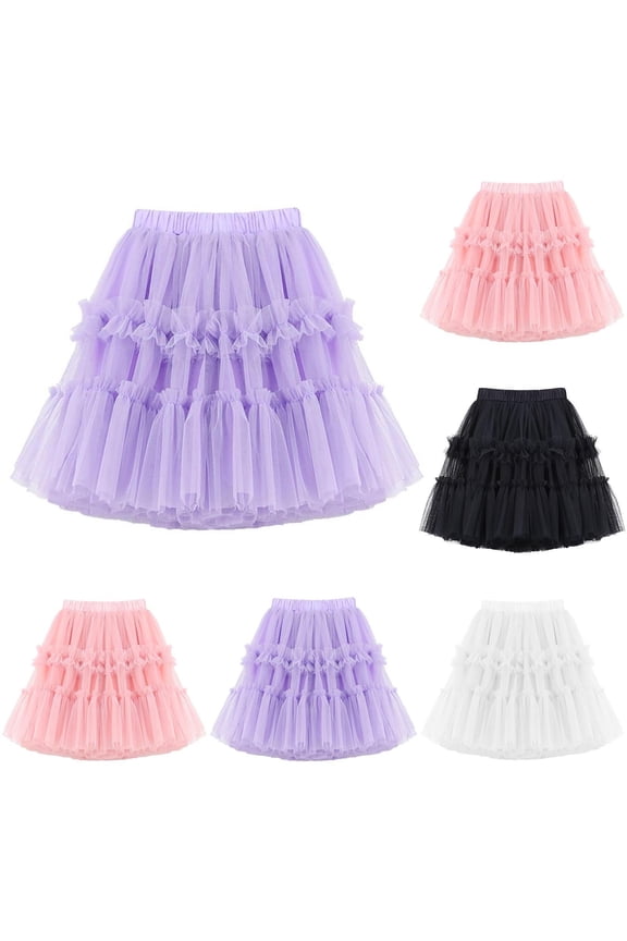 Girls Tulle Skirts Elastic Waist Ruffle Layered Tutu Skirts Kids Birthday Party A-Line Mini Skirt Black 7 Years