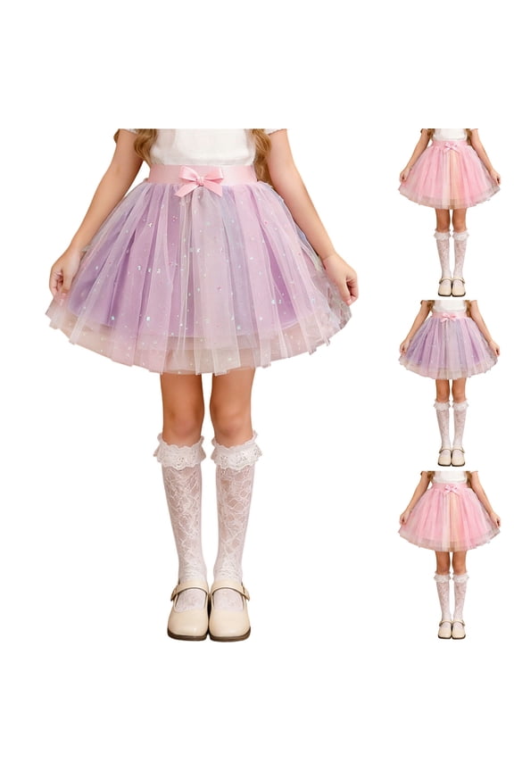 Girls Tulle Tutu Skirts Bowknot High Waist Shiny Cute Mini Skirt Layered Ballet Dance A-Line Skirts Purple 110