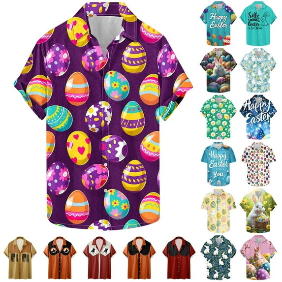 JURANMO Happy Easter Shirts for Men Funny Letter Print Cute Bunny Easter Eggs Graphic Short Sleeve Button Down Hawaiian Shirt White S Summer Clearance Prime