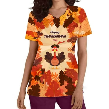 JURANMO Happy Thanksgiving Graphic Tees Women Scrubs Tops 2024 Trendy V Neck T Shirts Lightweight Stretchy NurseNurse Uniform Workwear with Pockets Deal of The Day Orange M