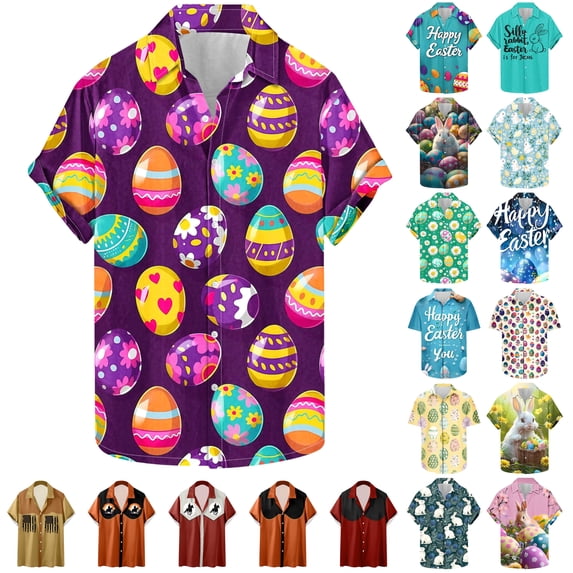 JURANMO Hawaiian shirt for Men Short Sleeve Button Down Blouse Easter Bunny Egg Print Beach Aloha Shirts Summer Vacation Tops White S Vacation Sales