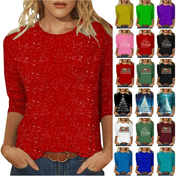 JURANMO Holiday Sales Womens Christmas Shirts Funny Letter Graphic Print Tees Shirt Crewneck 3/4 Sleeve Tops Holiday Pullover Tunic Tshirt for Xmas Gifts White XL