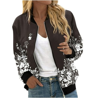 JURANMO Jackets for Women, Floral Print Long Sleeve Bomber Jackets Lightweight Casual Jacket Full Zip Windbreaker Fall Jacket Todays Daily Deals Black#1 M