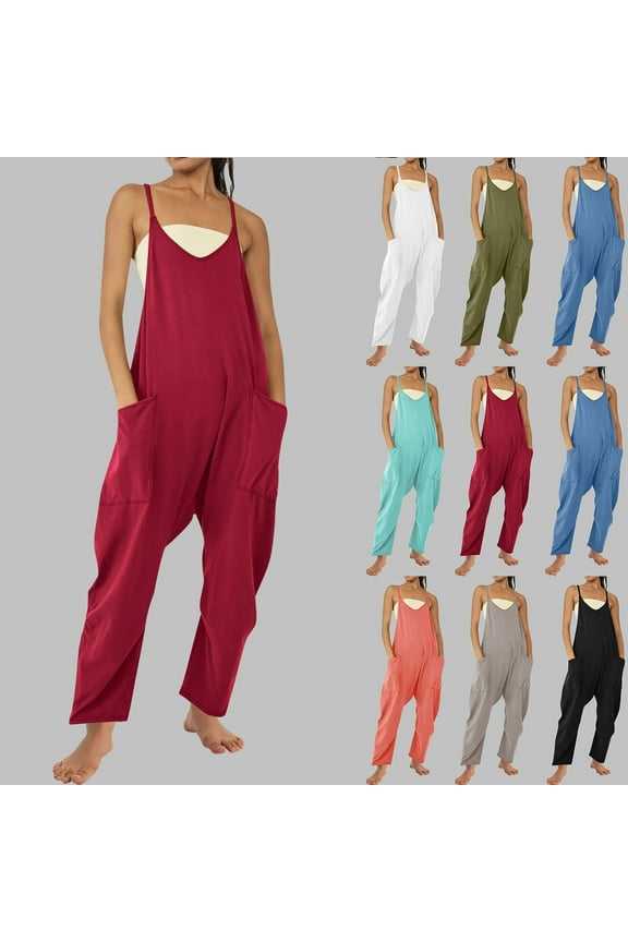 Jumpsuits for Women Casual Summer Rompers Sleeveless Loose Spaghetti Strap Baggy Overalls Jumpers with Pockets 2025 Army Green S Lightning Sales Today