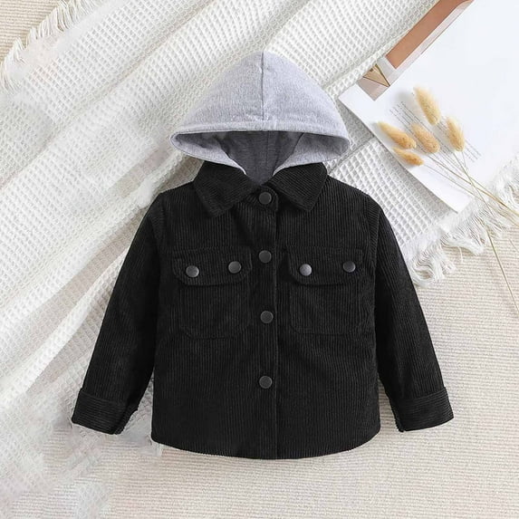 JURANMO Kids Toddler Boys Girls Button Down Hooded Shirt,Kid Toddlers Trendy Solid Color Patchwork Classic Long Sleeve Shacket Jacket Coat Baby Outwear with Front Breast Pockets 2024 Fall Winter