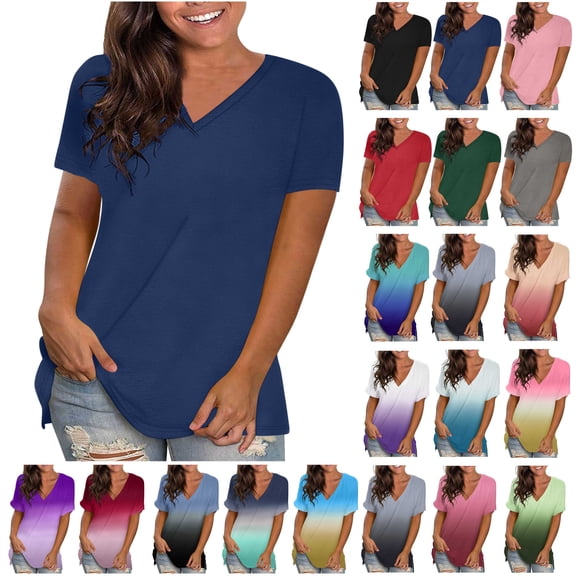 JURANMO Lighten Sales of The Day! Womens Plus Size Summer Tops Short Sleeve V Neck Loose Fit Tees Solid Color Basic Daily Shirts Vacation Clothes Pink S