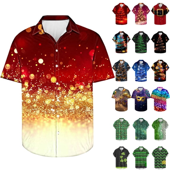 JURANMO Lightning Prime Today Men's Bowling Shirts Christmas Fashion Printed Hawaiian Shirt Blouses Loose Casual Short Sleeve Tees Tops Xmas Clothes Red XL