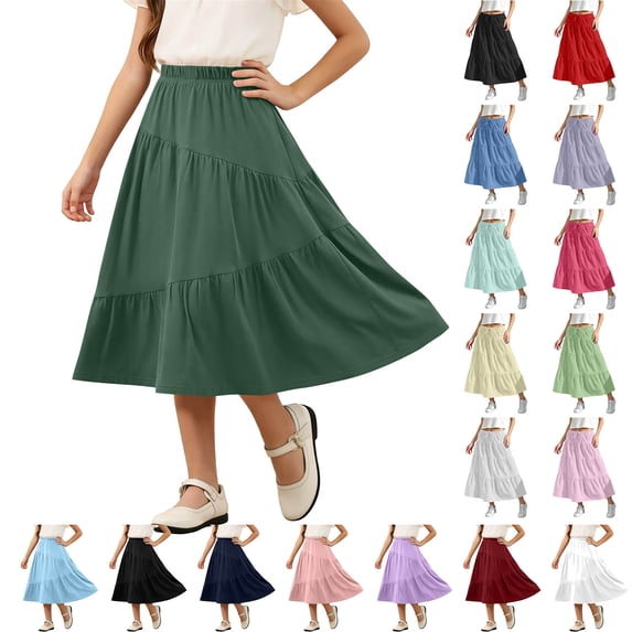 JURANMO Lightweight Casual Skirts Girl Asymmetric Tiered Elastic High Waisted A-Line Midi Skirt Fashion Travel Vacation Summer Flowy Skirts Black 150