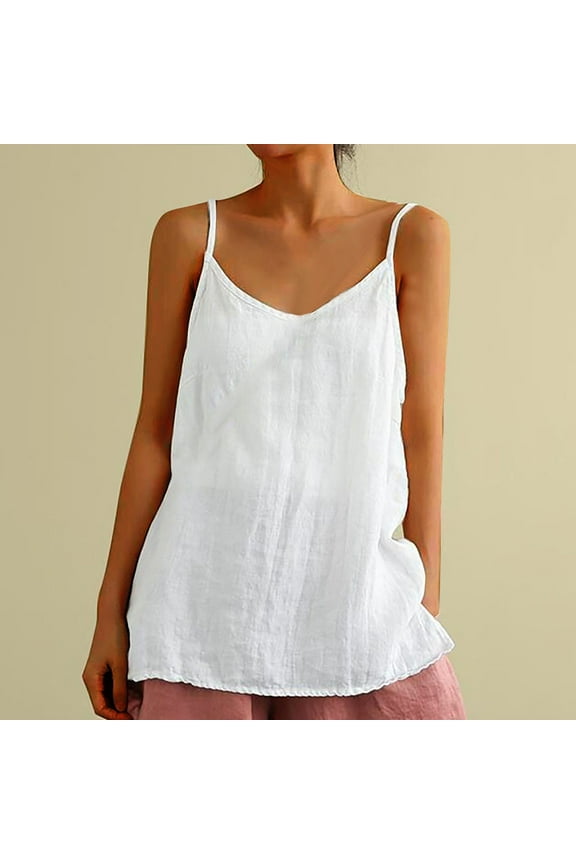 Linen Shirts for Women,Womens Linen Henley Tunic Tank Tops Plain Camisole Cotton Linen T-Shirts Sleeveless Crew Neck Loose Flowy Casual Blouses