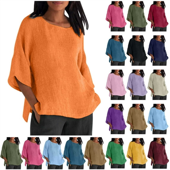 JURANMO Linen Shirts for Women 2025 Plus Size Spring Summer 3/4 Sleeve Tops Trendy Dressy Casual Loose Comfy Tunic Blouses Navy XXL Big Sale Days