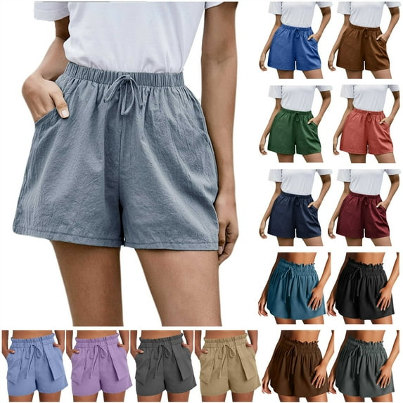 JURANMO Linen Shorts for Women Summer Casual High Waisted Wide Leg Drawstring Beach Shorts with Pockets Ladies Vacation Clothes Watermelon Red S Limited Time Sales of The Day