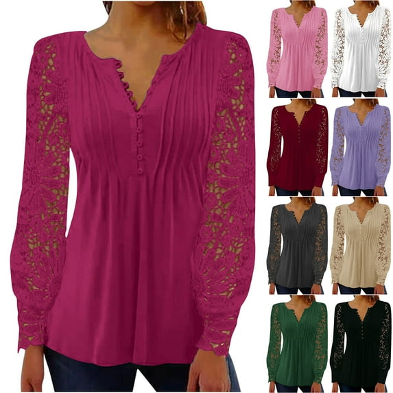 JURANMO Long Sleeve Shirts for Women Solid Casual Button V Neck Henley Shirt Elegant Lace Lantern Sleeve Pullover 2025 Vacation Tops Green L Women Clearance Sale