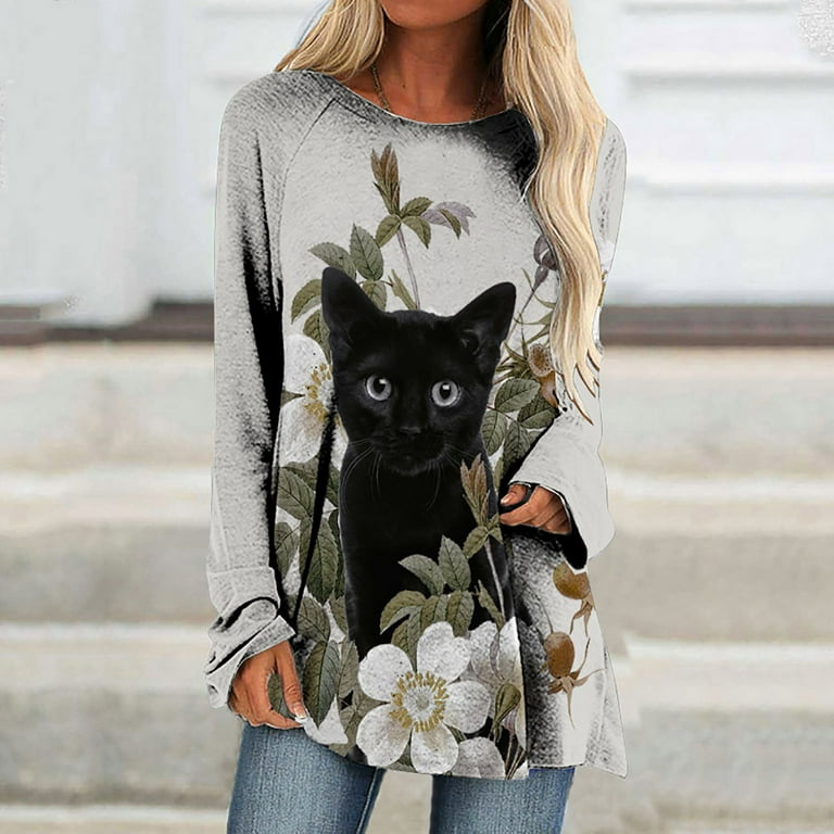 JURANMO Long Sleeve Tops for Women 2024 Trendy,Womens Autumn Pollover Shirts  to Wear with Leggings Tunics Oversized Sweatshirts Sweaters Slim Cute  Animals Printed Casual Loose Flowy T Shirts Blouses 