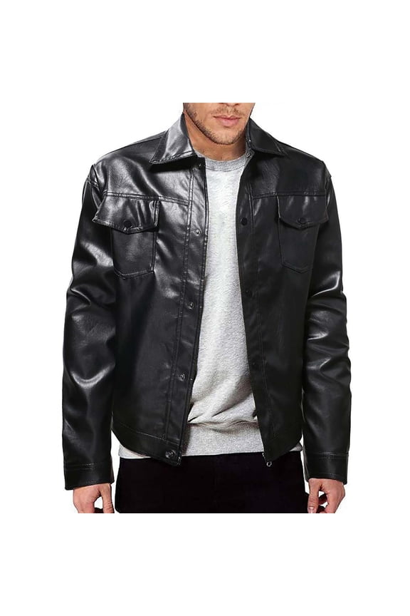 Men's Casual Lapel Collar PU Faux Leather Motorcycle Bomber Jacket,Mens 2024 Trendy Button Coats Autumn Artificial Leather Jackets Classic Plus Size Tops with Pockets
