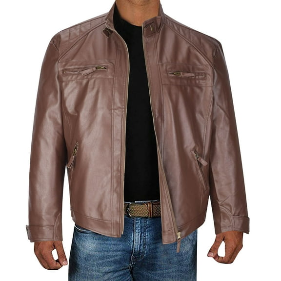 JURANMO Men's Casual Stand Collar PU Faux Leather Zip-Up Motorcycle Bomber Jacket,Mens 2024 Trendy Solid Collar Jackets Full Zipper Artificial Leather Coat with Zip Pockets