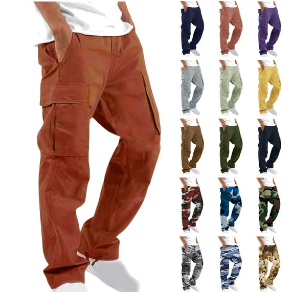 JURANMO Men's Relaxed Fit Cargo Pants Big and Tall Sizes Straight Fitness Pants Outdoor Drawstring Long Trousers with Multi Pockets