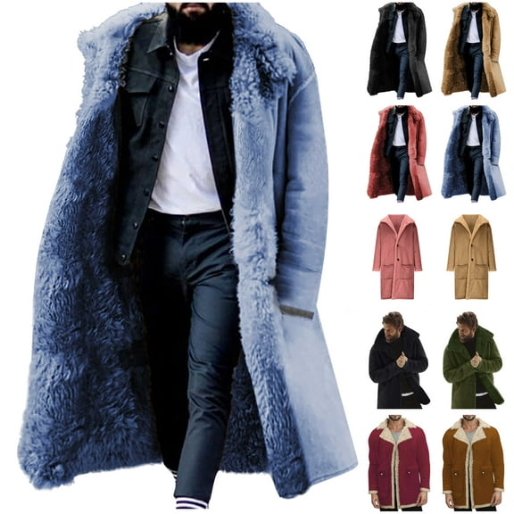 JURANMO Men's Shearling Leather Coat Sherpa Lined Sheepskin Jacket Faux Fur Collar Long Trench Coats Soft Overcoat with Pockets Red M Clearance