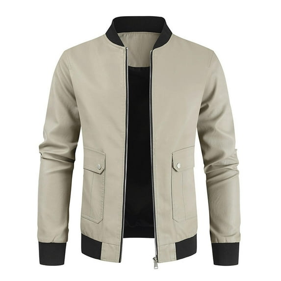 JURANMO Men's Stand Collar Bomber Faux Leather Jacket,2024 New Trendy Casual Artificial Leather Jacket with Full Zipper Tops Long Sleeve Solid Color Pockets Outwear & Jackets