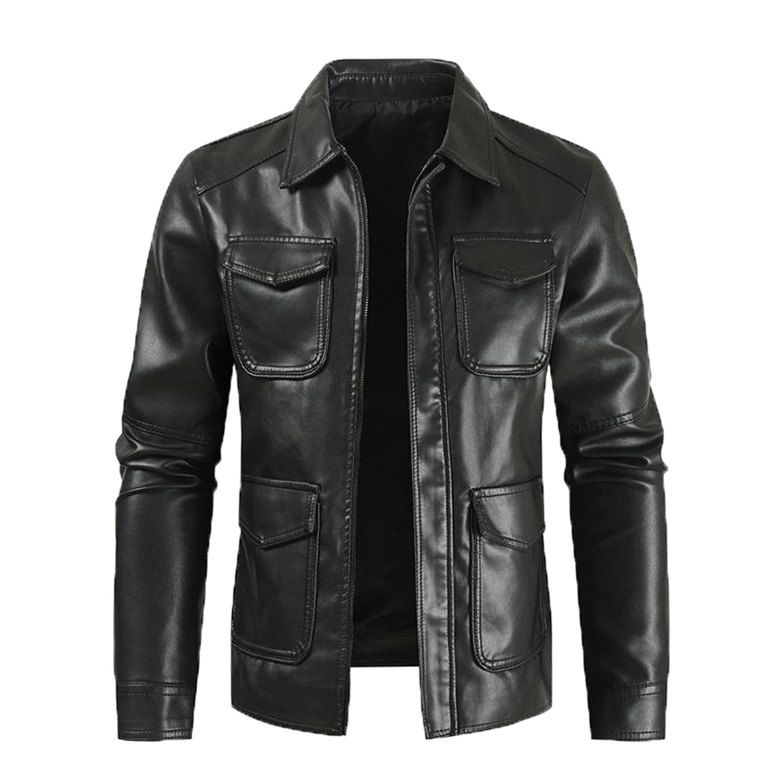JURANMO Mens Genuine Leather Motorcycle Jacket,Men's 2024 Trendy Faux Leather Coat Work Clothes Casual Long Sleeve Lapel Collar Pockets Full Zipper Fitted Jacket Suit Coats