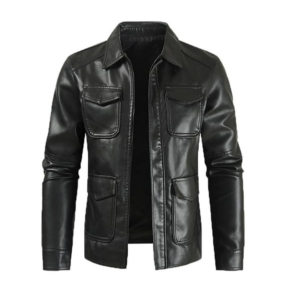 JURANMO Mens Genuine Leather Motorcycle Jacket,Men's 2024 Trendy Faux Leather Coat Work Clothes Casual Long Sleeve Lapel Collar Pockets Full Zipper Fitted Jacket Suit Coats