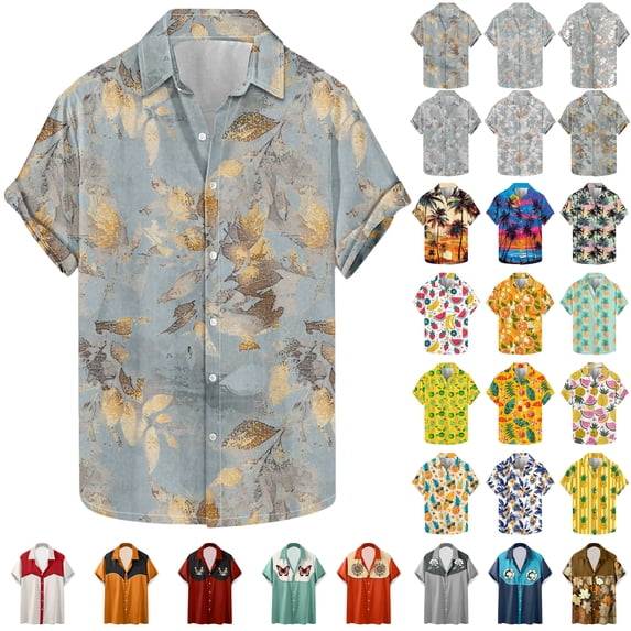 JURANMO Mens Fashion Casual Leaf Print Short Sleeve Shirt Summer Button Down Hawaiian Shirts Vacation Beach Tops Ofertas Relampago de Hoy Gray XL