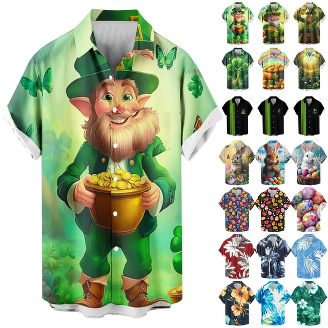 JURANMO Mens St.Patrick's Day Shirt Irish Clover Printed,Men's 2024 Trendy Flag Graphic Printing Patchwork Button Down Tops Casual Loose Short Sleeve Lapel Collar Hawaiian Tees