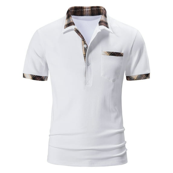 JURANMO Mens Summer Polo Shirts Fashion Plaid Patchwork Neck Golf T-shirts Business Casual Tops Deals of the Day S-White#Business Casual Polo Shirts L